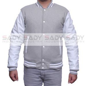 Bomber Jacket Varsity Letterman Baseball in Grey Wool and Genuine White Leather